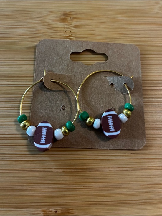 Handmade Jewelry - Gold Hoop Earrings with Football Bead and Green Accents